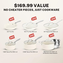 Gotham Steel 12 Pc Ceramic Cookware Set Nonstick, Ceramic Pots and Pans Set Non Stick with Steamer for Cooking, Non Toxic PFOA PFOS Free, Premium Stay Cool Handles, Oven & Dishwasher Safe