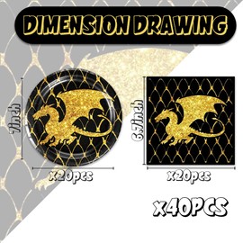 MASGY 40pcs Dragon Birthday Party Supplies,include 20 Dessert Plate, 20 Napkin,for Black and Gold Dragon Disposable dessert tableware,Used for Dragon Party Decoration
