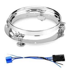 SKTYANTS 7 Inch Headlight Ring Bracket Mounting with Wire Harness H4 to 4 PIN Compatible with Softail Touring FLD Road King Street Glide Headlight Trim Mount(Chrome)