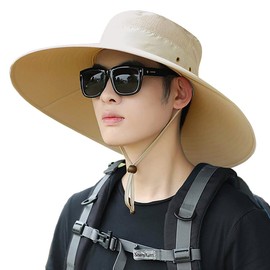 6" Wide Brim Sun Protection Hat Outdoor Unisex Ventilated Bucket Hats for Hiking Beach Fishing Safari Garden Lawn Yard Work Kayaking,Beige