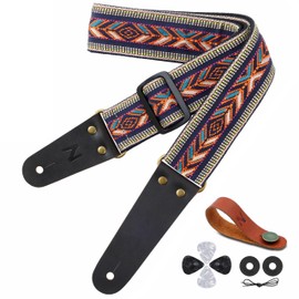 Nefelibata Guitar Strap, Cotton Vintage Embroidered Guitar Straps with Genuine Leather Ends for Bass, Electric, Acoustic Guitars, Free Strap Button, Strap Locks and Guitar Picks