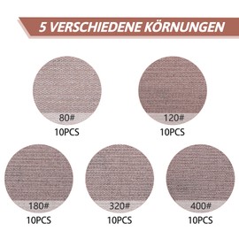 VIBRATITE Pack of 50 Mesh Sanding Discs 125 mm Velcro, 80/120/180/320/400 Grit, Mesh Sandpaper for Wood, Spatula, Plastic, Varnish, Dust-free Sanding