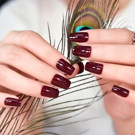 Uñas postizas de color rojo burdeos para prensar - Uñas postizas de uso diario con acabado marrón vino oscuro - Uñas postizas acrílicas reutilizables 