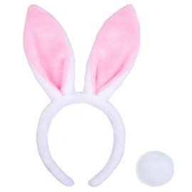Easter Bunny Ears Headband and Tail White Bunny Ears Cute Plush Pink Rabbit Ears Headband, Easter Bunny Costume Adult Party Favors