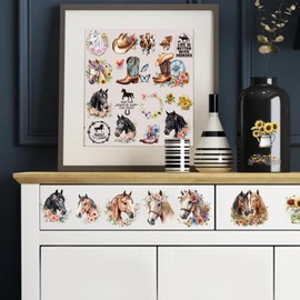 PLIGREAT 9 Sheets Retro Rub on Transfers for Crafts, Horse Theme Furniture Transfer Stickers Cowboy Hat Shoes Rub on Stickers Decals for Wood Dressers Glass Porcelain DIY Home Decor, 5.9" x 5.9"