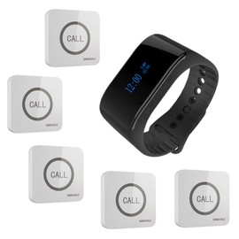 SINGCALL Wireless Service Calling System Home Caring Waterproof Convenient for Old Aged People for Cafe Hotel Hospital, Pack 5 Buttons 1 Watch Mobil Receiver