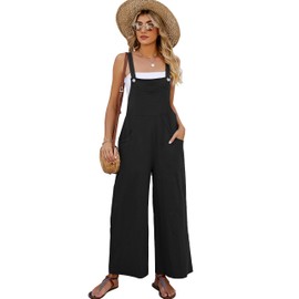 Flygo Overalls for Women Cotton Linen Bib Overalls Loose Fit Wide Leg Jumpsuits Casual Rompers with Pockets(Black-L)