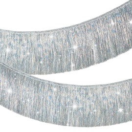 G2PLUS 2m Silver Fringe Garland, 20cm Holographic Tinsel Fringing, Glitter Tinsel Garland, Shiny Backdrop Party Streamers for Birthday Wedding Prom Decoration