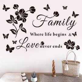 Flenlow Family Wall Decor Stickers, Black Floral Quote Wall Decal Vinyl Sticker for Living Room, Bedroom, Kitchen, Dining, Office, Glass Surface