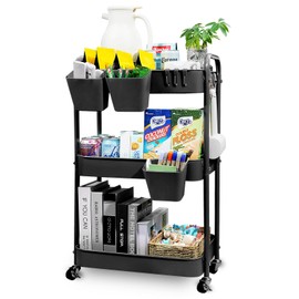 WONSAR 3 Tier Rolling Cart, Metal Rolling Cart with Wheels with 3 Hanging Cups & 4 Hooks, Utility Cart, Multifunctional Storage Cart Organizer for Bathroom, Kitchen, Living Room, Office, Black
