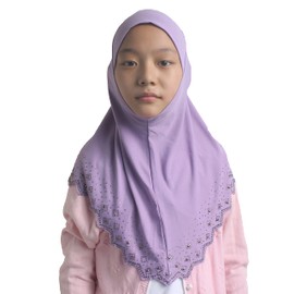 Modest Beauty Girls/Children Hijab Scarf Headscarf Wrap one Piece Muslim Amira with Czech Drill, Lavender, Medium