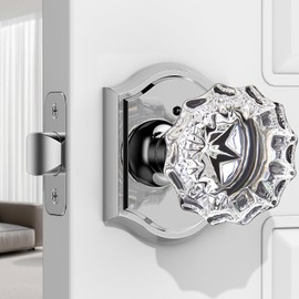 MAXECURITY 1 Pack Glass Door Knob, Rosette Shaped Crystal Door Knobs with Lock, Polished Chrome Door Knobs Interior Glass