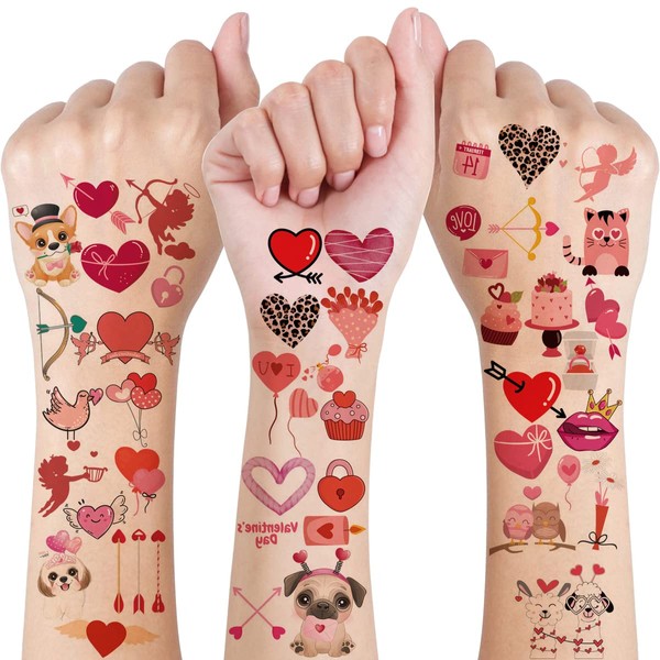 10 Sheets Valentine's Day Temporary Tattoos for Women Kids, Valentine's Day Romantic Red Love Heart Kiss Flowers Cartoon Design Waterproof Fake Tattoo Stickers Valentine's Day Wedding Party Favors
