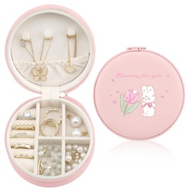MAYCARI Jewelry Box with Cute Bunny Flower Pattern Design, PU Leather Jewelry Travel Organizer Case-Rings/Earrings/Necklace Storage Box for Women Birthday Mom Friends Her Bridesmaids Girls Gifts
