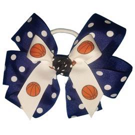 Basketball Polka Dot Hair Bow with six loops, white pony band, Made in the USA (Navy), many colors