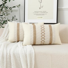 LIGICKY Set of 2 Boho Lumbar Cushion Covers 12 x 20 Inch Farmhouse Throw Pillow Cover Burlap Textured Striped Woven Pillowcase Rectangle Pillows for Sofa Couch Living Room Home Decor
