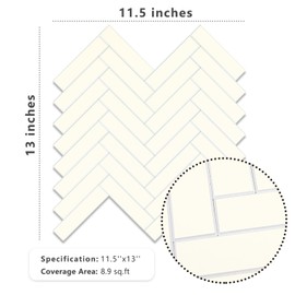 Vamos Tile Herringbone Tile Peel and Stick Backsplash - 10 Sheets Beige PVC Self Adhesive Tiles Stick on Wall Tile for Kitchen, Bathroom and Fireplace