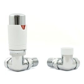 Hot Flow | Estuary Corner TRV Thermostatic Radiator Valve Wheel Head and Lock Shield (Chrome & White)