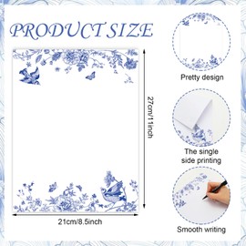 JarThenaAMCS 60 Sheets Blue Floral Stationery Letterhead Paper Chinoiserie Flower Bird Butterfly Writing Paper Single-Sided Greeting Paper for Invitations Office Printing, 8.5 x 11 Inch