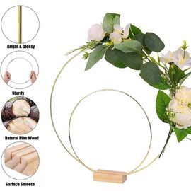JK Home 4PCS Metal Floral Hoop Centerpiece, 25cm+15cm Gold Wreath Hoop Rings with 2 PCS Wooden Stands, Metal Hoops for Crafting, DIY Floral Macrame Hoop, Wedding Table Decor and Macrame Crafts
