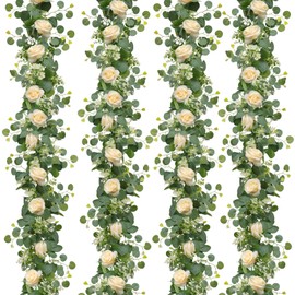 TOCHGREEN 4Pcs(26 Ft) Artificial Eucalyptus Flower Garland with Champagne Rose Flowers,Faux Rose Vine Gypsophila Garland,Floral Garland Greenery Garland for Party Wedding Table Decor (Champagne, 4PCS)