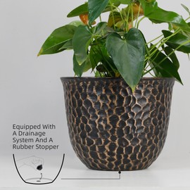 Worth Garden 4-Pack 12-Inch Large Round Planters with Drain Holes - Matte Bronze Finish Flower Pots with Honeycomb Design, Durable Indoor/Outdoor Decorative Garden Planter Pots