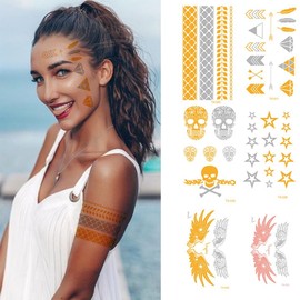 ZKGYUS 10 Sheets of Tattoo Sheets with Body Tattoos, Waterproof Metallic Temporary Tattoo in Gold Silver Stickers, Body Fake Jewellery, Tattoos About Designs for Body Art