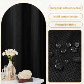 Wyljljy No Hook Shower Curtain with Snap in Liner Set, Black Waffle Weave Chevron Stripe Waterproof Fabric, Luxury Boho Shower Curtain for Hotel Bathroom with Mesh Top Window, 71" x 74"