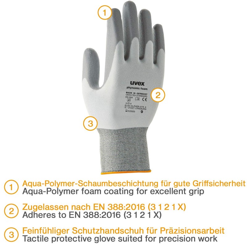 Uvex 60050 Phynomic Foam Dry Glove, Size 6, Grey/White