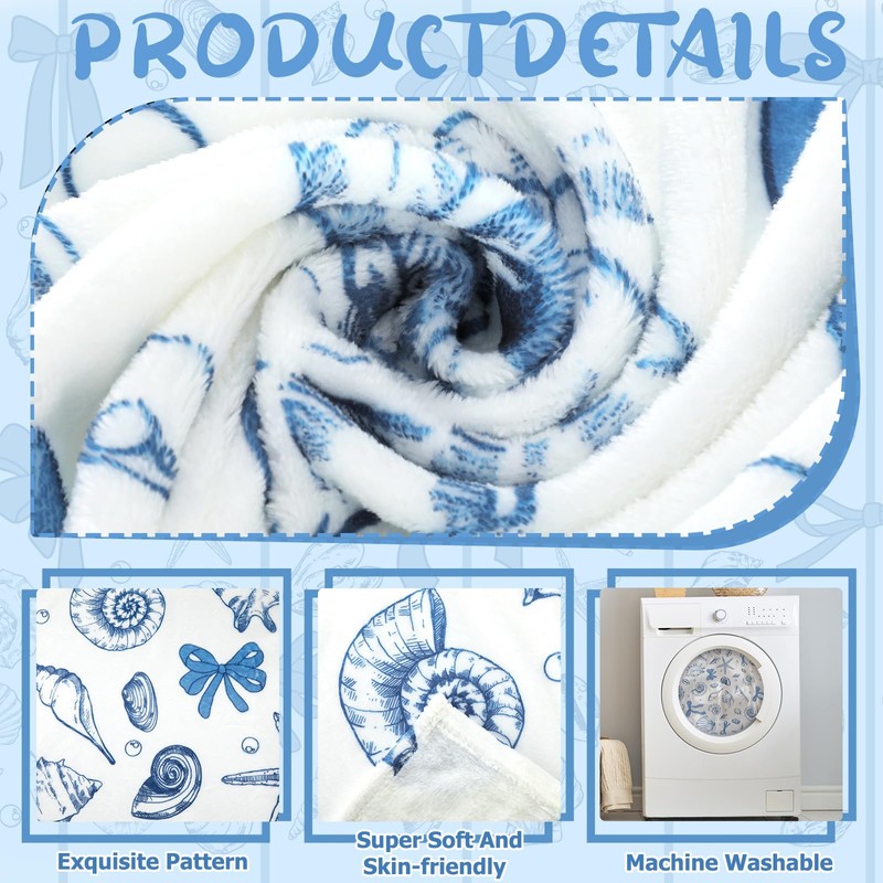 Breling Coastal Ocean Beach Throw Flannel Blanket Blue Seashells Cozy