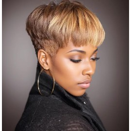 BeiSD Short Pixie Cut Hair Wig Natural Synthetic Wigs for Black/White Women Heat Resistant Wig Natural Brown Wig with Blonde Bangs