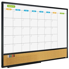 JILoffice Magnetic Calendar Whiteboard & Bulletin Corkboard Combination, Combo Board 36 x 24 Inch, Black Aluminum Frame Wall Mounted Board for Office Home and School with 10 Push Pins