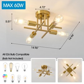EGM 4-Light Modern Sputnik Chandelier, Mid Century Ceiling Light Fixture, Gold Semi Flush Mount Ceiling Lights for Dining Room Bedroom Foyer Hallway Kitchen Office (1 Pack)