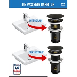 FEINER Universal Sink Drain Fitting for Washbasins and Washbasins of All Types (Matt Black) with Overflow, Free Replacement Seals & Installation with Instructions (English language not guaranteed)