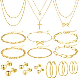 NEWITIN 22 Pieces 18K Gold Jewelry Set for Women Fashion Costume Jewelry Gold Plated Stainless Steel Necklace Bracelet Earrings Set for Women