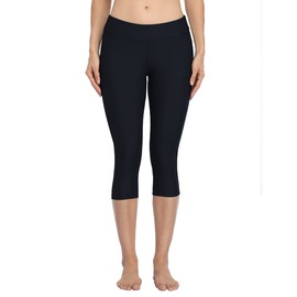 Hilor Women's UV Rash Guard Pants Crop Swim Leggings Sports Capri Tights 10 Black