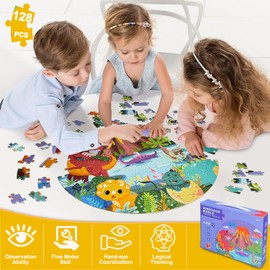 Kulveanju Children's Puzzle from 4 5 6 Years, 128 Pieces Floor Puzzle Dinosaur Volcano, Large Children's Puzzle Toy Circular Puzzle for Boys and Girls 3-7 Years Gift, 42 x 42 cm