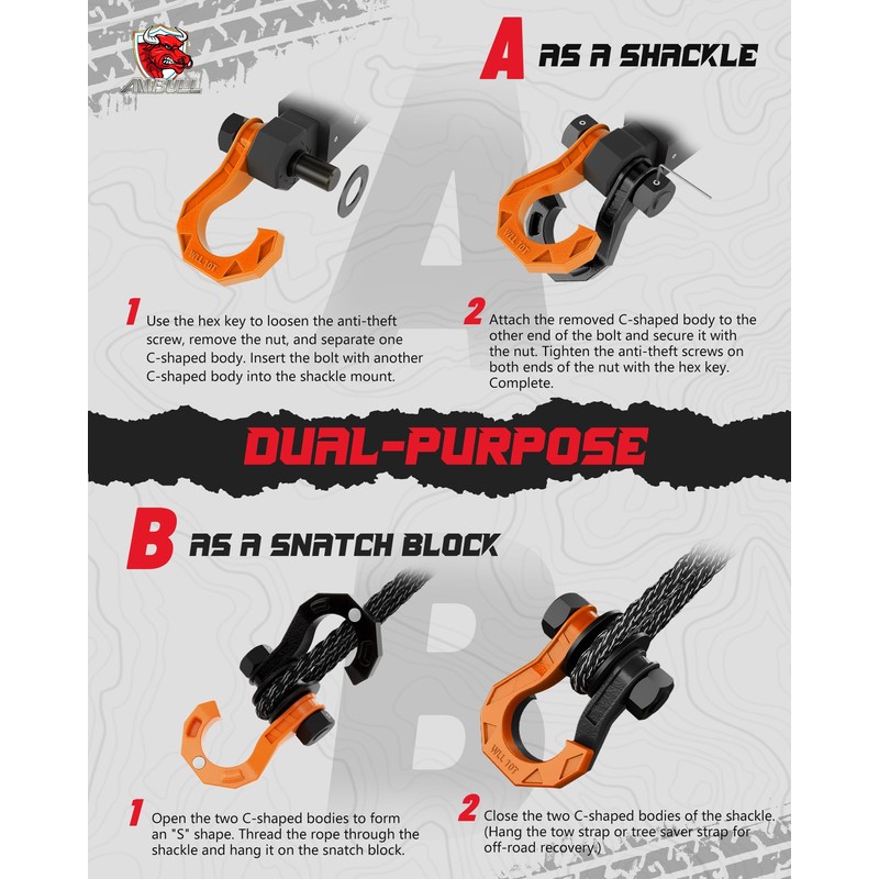AMBULL D Ring Separate Shackle with Snatch Block, 3/4" Shackles