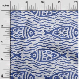 oneOone Viscose Chiffon Medium Blue Fabric Asian Block Fish DIY Clothing Quilting Fabric Print Fabric by Yard 42 Inch Wide