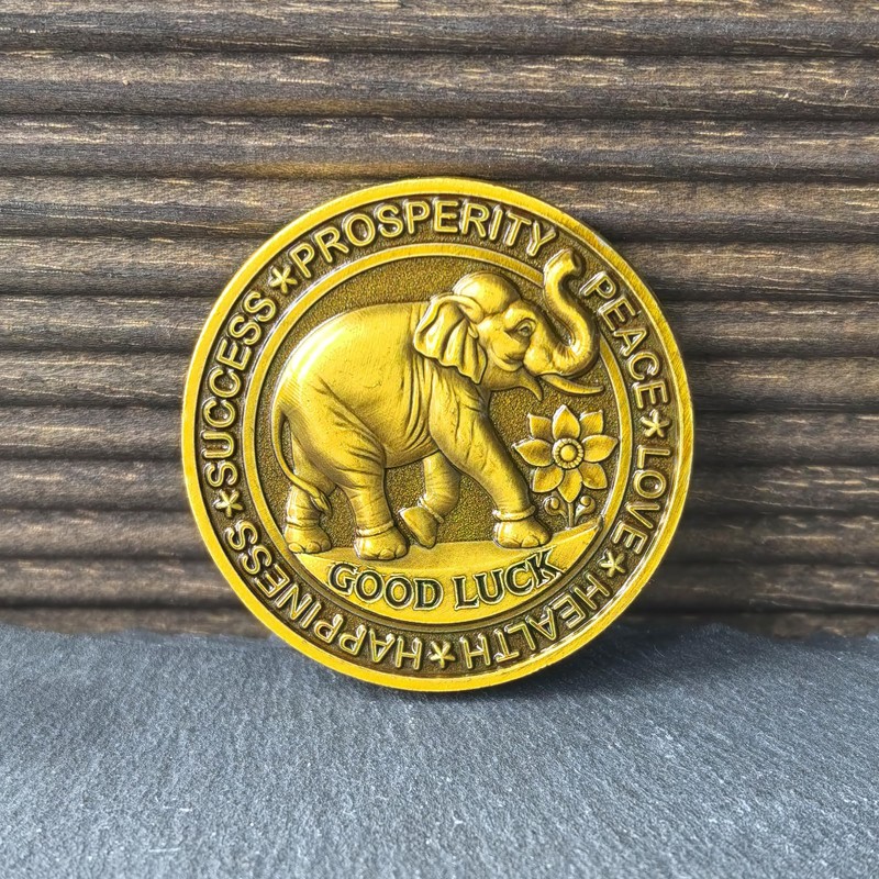 Good Luck Coin with Four Leaf Clover & Elephant Design