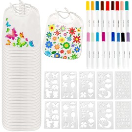 58 Pcs Baby Shower Games Design Kit Include 30 DIY Blank White Baby Bibs 10 Stencils 18 Fabric Markers for Gender Reveal Party Decorating Supplies