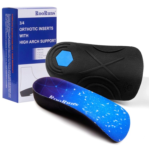 RooRuns Plantar Fasciitis 3/4 Length Insoles for Men Women, High Arch Support Orthotic Shoe Inserts for Work Boots, Flat Feet, Over-Pronation, Supination, Heel Spurs Pain Relief - Walking Running, S
