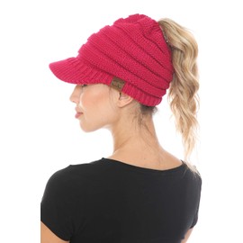C.C BeanieTail Warm Knit Messy High Bun Ponytail Visor Beanie Cap, Hot Pink