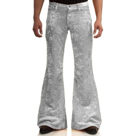 Men's Velvet Relaxed Vintage 60s 70s Bell Bottom Stretch Fit Classic Comfort Flared Flares Retro Leg Disco Pants, Silver, X-Large
