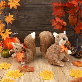 winemana Set of 2 Fall Table Decor-Squirrels with Leaves Pine Cones Thanksgiving Home Decorations Indoor Sisal Figurines, Cozy Fall Office Harvest Centerpiece Christmas Kitchen Décor
