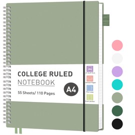 RETTACY A4 Notebook, Lined Wirebound Spiral Notebook College Ruled Paper 110 Pages for Writing, Journals for Women 100gsm, PVC Pocket, Pen Loop, Ruler, Bookmark, 21.5 x 27.9cm - Light Green