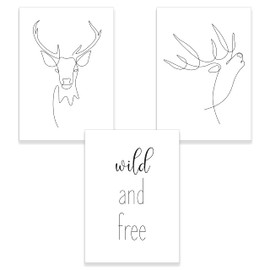 ChicResult Line Art Wandbilder 3er Set HIRSCH - Moderne schwarz-weiß Bilder für Wohnzimmer, Wandbild mit Spruch, Deko Bilder, Bilderset Schlafzimmer, Flur (3 x DIN A4 ohne Bilderrahmen)