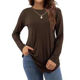Amoretu Womens Long Sleeve Tunic 2024 Fall Crew Neck Tops Curved Hem, Coffee XL