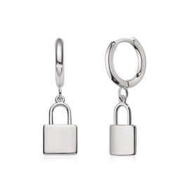 LOYATA Lock Earrings Silver Dangle Huggie Hoop Padlock Drop Platinum Plated Dainty Small Simple Hypoallergenic Jewelry Gift for Women