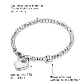 Oidea Women’s Bracelet, Exquisite Round Circle Bead Bracelet, Beaded Bangle / Bracelet Jewellery with Heart Pendant, Silver, Stainless Steel